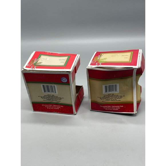 holiday mug set of 2 12oz Christmas snowman trees strips noel red green READ new - Picture 2 of 6